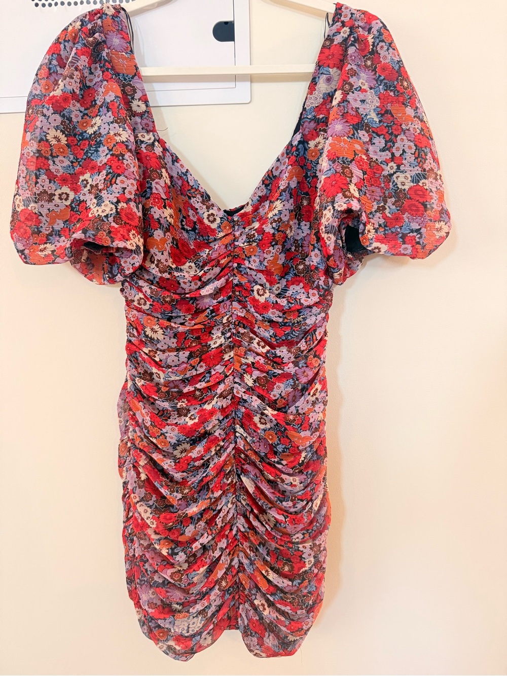 Zara Red Floral Ruched Puff-Sleeve Mini Dress
